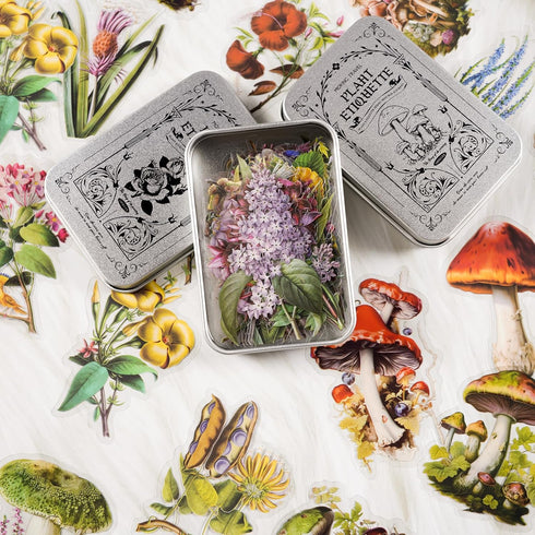 100Pcs Botanical PET Stickers, 2 Styles of Retro Mushrooms and Yard Plant PET Scrapbook Stickers Kit for Art Diary Card Craft Gifts Planner Notebo...