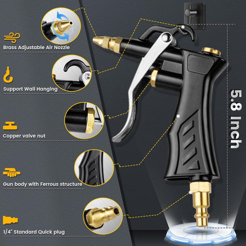 High Volume Air Blow Gun with Brass Adjustable Air Nozzle, Industrial Air Blower Gun with 2 pcs Steel Extensions and 13.7 Inch Universal Blow Hose...