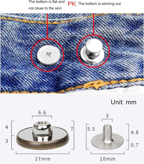12 Pcs Button for Sewing Metal Jeans,ICEYLI 17 mm No-Sew Nailess Removable Metal Jeans Buttons Replacement Repair Combo Thread Rivets and Screwdri...