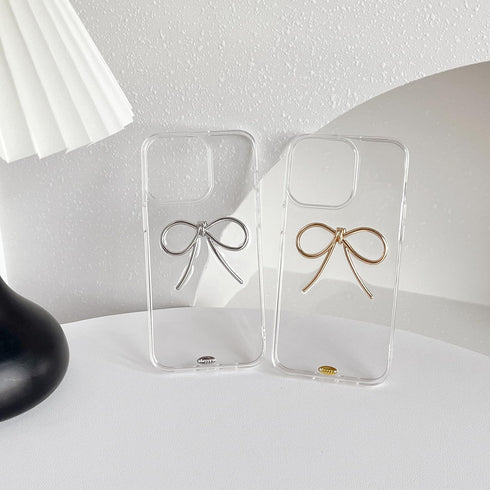Simple 3D Bow Clear Soft Phone Case Compatible with iPhone Case (Gold,iPhone 15)...
