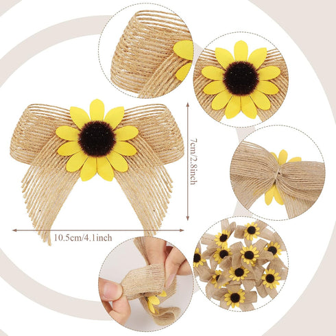 Syhood 12 Pieces Sunflower Burlap Bow 3 Inch Summer Artificial Handmade Wreath Bow Fall Natural Sunflower Decor for Crafts Summer Fall Christmas T...
