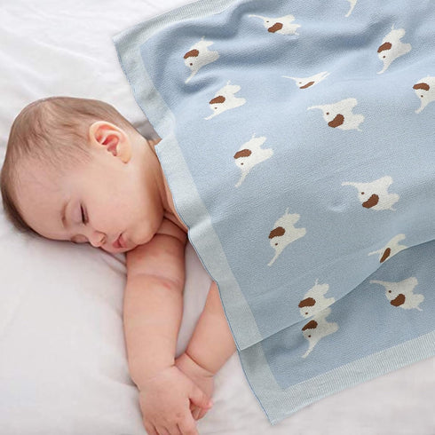 100% Cotton Baby Blanket Knit Soft Cozy Swaddle Receiving Blankets Toddler Infant blanket with Lovely Elephant for Newborn Boy Girls - Light Blue,...