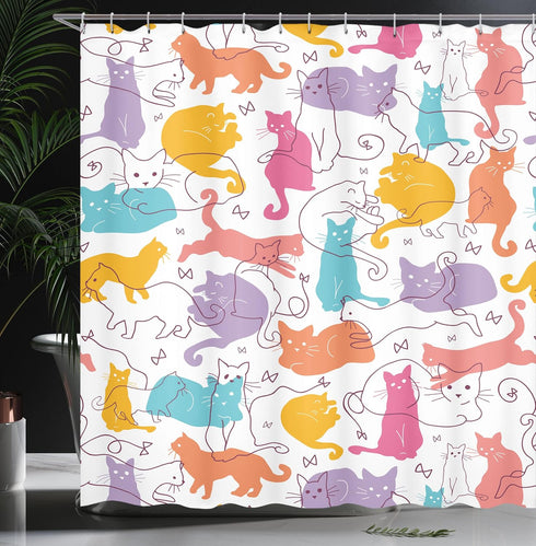 Ambesonne Cat Shower Curtain, Colorful Cats Jumping Playing Sitting Relaxing Feline Joyful Modern Line Art, Cloth Fabric Bathroom Decor Set with H...