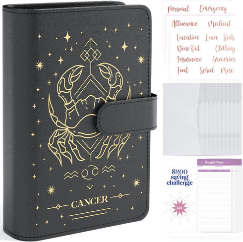 SOUL MAMA Zodiac Budget Binder with Cash Envelopes for Budgeting – Black Cancer A6 Binder, Money Organizer for Cash Binder, Money Saving Binder wi...