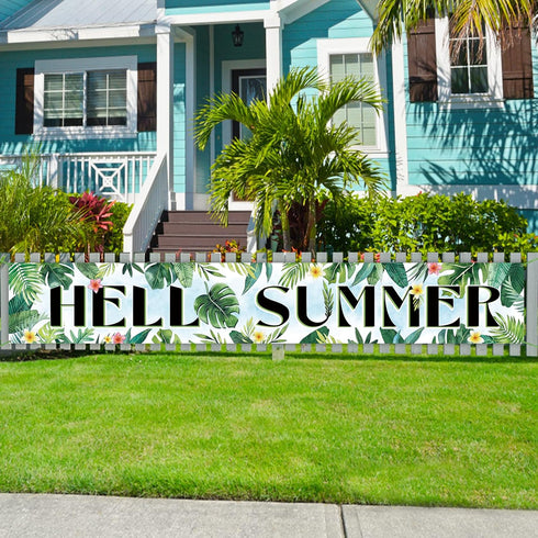 Hello Summer Tropical Large Outdoor Banner 120 x 20 Inch, Hawaii Monstera Palm Leaves Decorative Fence Yard Garden Sign Frangipani Backdrop Home I...