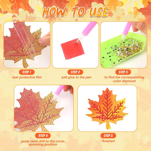 Shellwei 8 Pcs Fall Diamond Art Coasters Maple Leaves Diamond Painting Coasters with Holder Thanksgiving Diamond Painting Kit Orange Autumn Diamon...