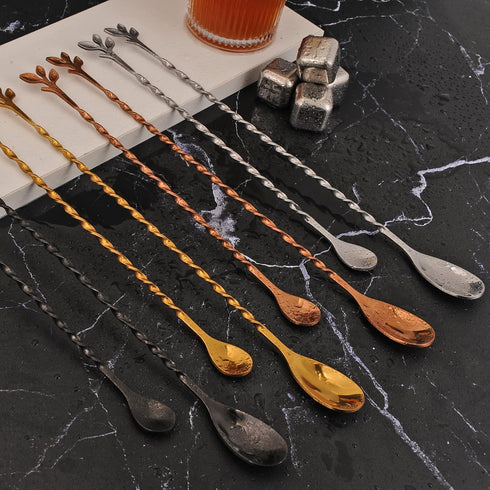AnSaw 12-Inch Leaf Handle Bar Spoon,2-Pieces Long Handle Cocktail Mixing Stirrers,Stainless Steel,Gold...
