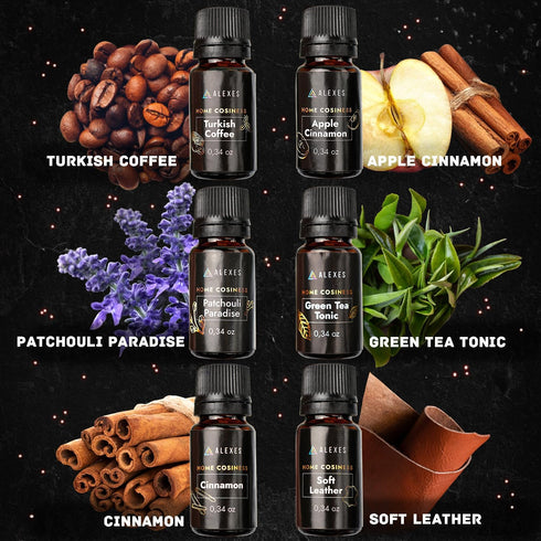 Scented Oil Gift Set - Proffesional Fragrance Oils 6 Pack 10ml - Apple Cinnamon, Turkish Coffee, Patchouli Paradise, Soft Leather, Cinnamon, Green...