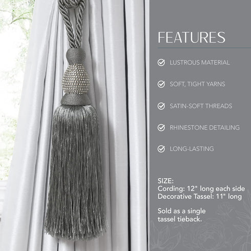 Elrene Home Fashions Julia Rhinestone Tassel Curtain Tieback, 26", Grey...