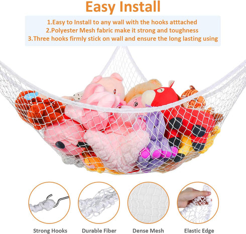 Jumbo Toy Hammock Stuffed Animals and Toy Storage Hammock Net 70" Wall Sling Corner Extra Large Kids Children Mesh Toy Net Organizer White...