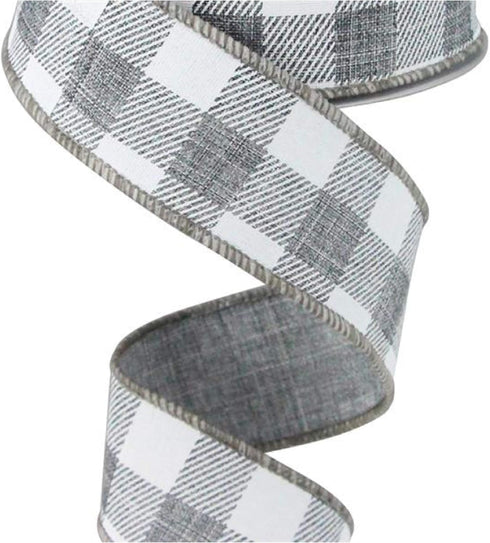 Plaid Check Wired Edge Ribbon - 10 Yards (Grey, White, 1.5 Inches)...