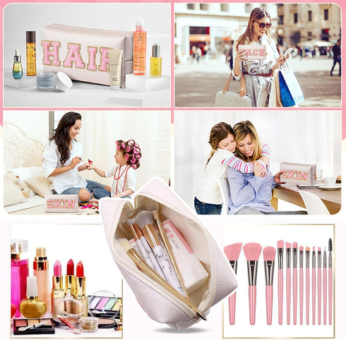 Chenille Letter Patch Makeup Bag, Preppy Cosmetic Bag PU Leather Skincare Bag with Zipper, Toiletry Bag Waterproof Travel Organizer Bag for Women ...