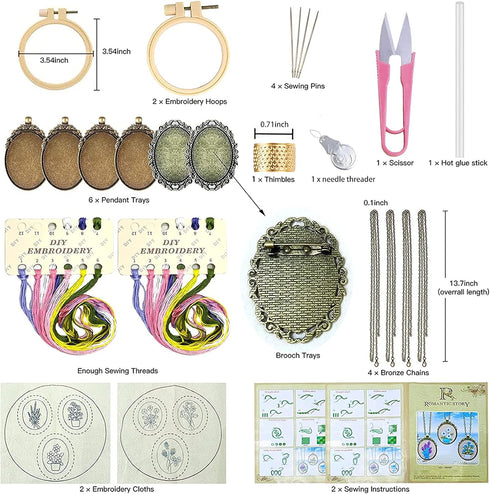 ZOCONE 6 Packs Embroidery Necklace Kit, Embroidery Pendant Kit Mini Cross Stitch Kit with Hoop, Necklace, Pendant, Brooch, Stamped Pattern Cloth, ...