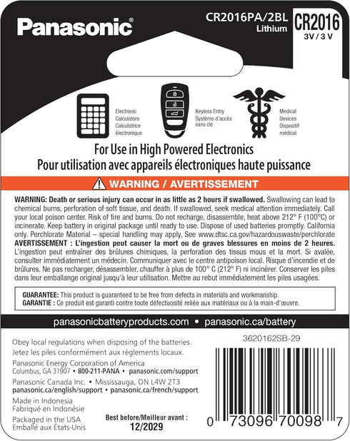 One (1) Twin Pack (2 Batteries) Panasonic Cr2016 Lithium Coin Cell Battery 3V......