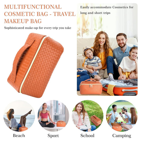 ZAUKNYA Large Capacity Travel Cosmetic Bag - Makeup Bag, Portable Leather Waterproof Women Organizer, with Handle and Divider Flat Lay Bags (Brown...