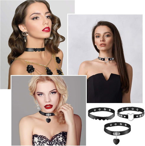 6 Pieces Heart Shaped Theme Leather Choker Punk Goth Choker Adjustable PU Leather Collar Set (Black)...