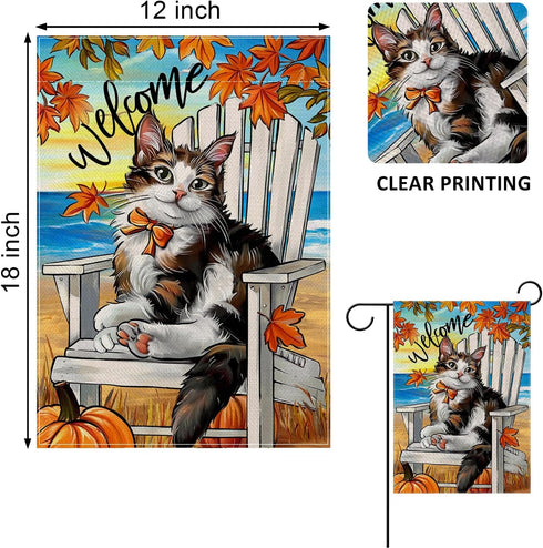 Welcome Fall Cat Beach Chair Decorative Garden Flag, Autumn Pet Coastal Maple Leaves Pumpkin Yard Outside Decorations, Thanksgiving Nautical Outdo...