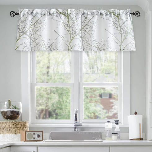 FMFUNCTEX Valance Curtain for Kitchen Bathroom Bedroom Green and Grey Branch Print on Linen Window Valances for Living Room Rod Pocket Window Trea...