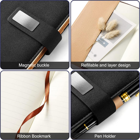 A5 Lined Leather Journal with Pen, 240 Pages Refillable Hardcover Notebook with Pocket and Magnetic Buckle, 80gsm Thick Daily Diary for Men and Wo...
