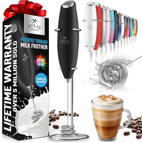 Zulay Kitchen Tornado Whisk Milk Frother Handheld - Coffee Frother Wand With Stand - Triple Whisk Hand Held Drink Mixer - Electric Stirrer Frothin...