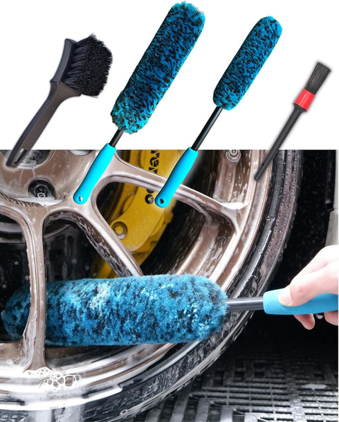 PRO Choice 4 Pack Long Handle Wheel Brush Kit for Cleaning Wheel and Tire- 2X Soft Wheel Cleaning Brush, Detailing Brush and Stiff Tire Brush...