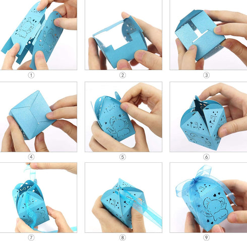 Kslong Blue Baby Shower Favor Boxes, 50Pcs Elephant Favor Boxes for Baby Boy Laser Cut Candy Boxes with Ribbon for Birthday Wedding Party Decorati...
