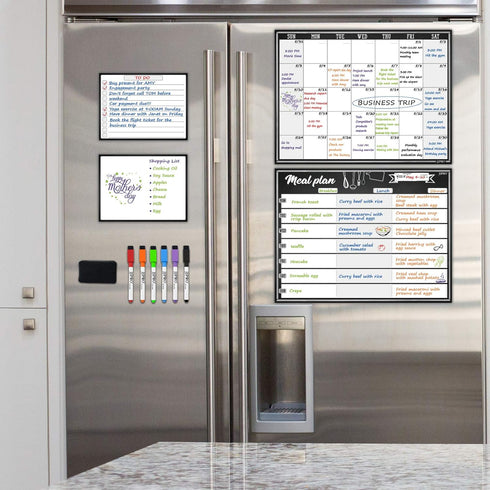 JJPRO Magnetic Dry Erase Meal Planning Whiteboard for Refrigerator-Undated Monthly Calendar for Fridge-Two Bonus Notepad whiteboards-Refrigerator ...