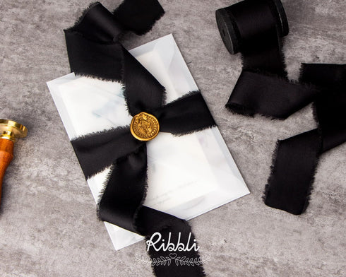 Ribbli Black Silk Satin Ribbon 1.5 Inch x 30 Yard Handmade Frayed Chiffon Black Ribbon for Gift Wrapping Wedding Invitations Bridal Bouquets Home ...