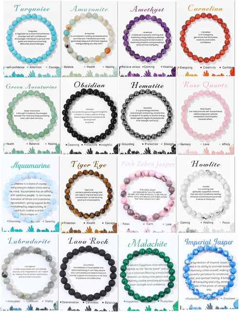 16PCS Natural Crystal Bracelets for Women Men - 8mm Semi-Precious Gemstone Beaded Bracelets, Round Gemstones Stretch Bracelet, Yoga Bracelets Jewe...