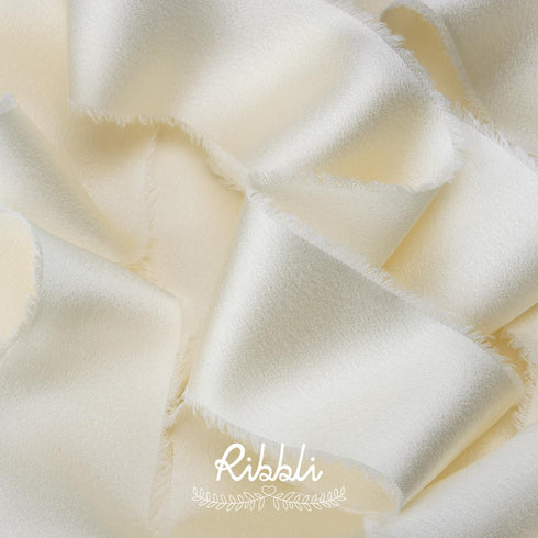 Ribbli Ivory Silk Satin Ribbon 1.5 Inch x 12 Yard Handmade Frayed Chiffon Ribbon with Wooden Spool Cream Ribbon for Gift Wrapping Wedding Invitati...