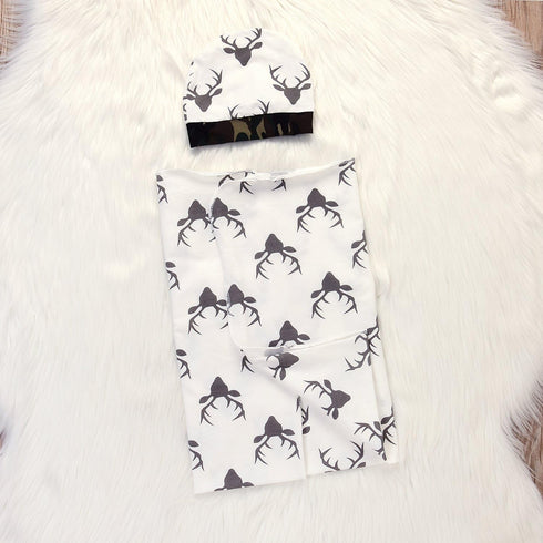 Soft Cotton Newborn Baby Swaddle Receiving Blanket Deer Printed Bath Towel with Hat Sets...