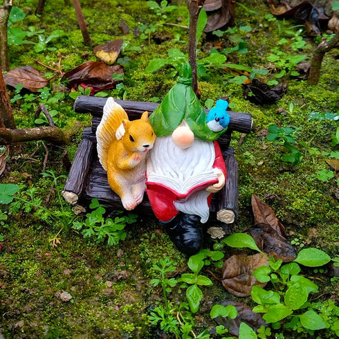 Garden Gnome Outdoor Statue, Resin Gnome Figurine with Squirrel Reading Book Hanging Decor, Resin Farmhouse Animal Hammock for Holiday Patio Yard ...