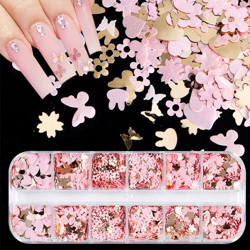 12 Grids Gold Pink Nail Glitter Sequins 3D Cherry Blossoms Butterfly Nail Glitter Flakes Rabbit Love Heart Nail Sequins Supplies Sparky Cute Nail ...