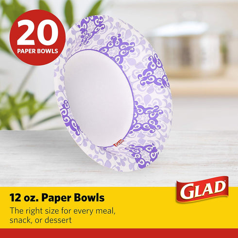 Glad Round Disposable Paper Bowls, Purple Victorian Design - Heavy Duty, Soak Proof, Cut-Resistant, Microwavable Bowl for All Foods & Daily Use, 1...
