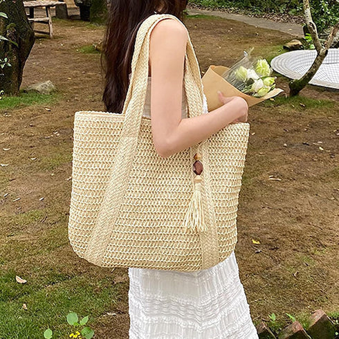 Large Straw Woven Bag for women, Straw Beach Tote Bag with Tassels, Boho Summer Shoulder Handbags for Vacation...