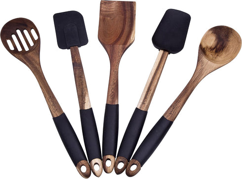 TOOKSA- Premium 5 Piece Acacia Multi-Toned Light and Dark Wooden Spoon, Turner and Spatula Utensil Set with Silicone, Rubber, Non-Slip Handles (Bl...