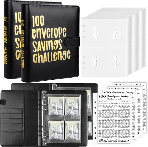 100 Envelopes Money Saving Challenge Binder, Easy and Fun Way to Save $5,050, A5 Budget Book with Cash Envelopes Kit,Black,Gold,Pack of 2...