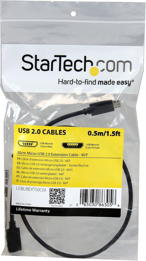 0.5m 20in Micro-usb Extension Cable - M/f - Micro Usb Male To Micro Usb Female Cable - Usb For Tablet, Phone, Keyboard/mouse, Docking Station - 60...