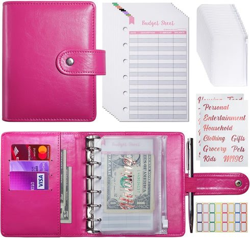 Zreal A7 Budget Binder with 12 Cash Envelopes, Money Organizer for Cash, Hot Pink Mini Binder Wallet for Cash Stuffing Binder, Money Saving Book, ...