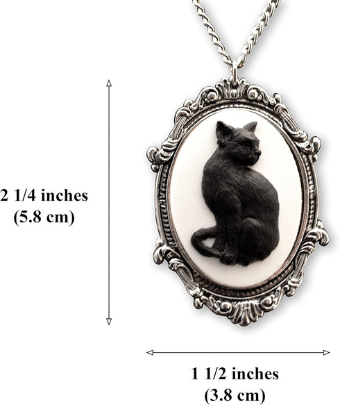 Black Cat Cameo in Antique Silver Finish Pewter Frame Pendant Necklace...