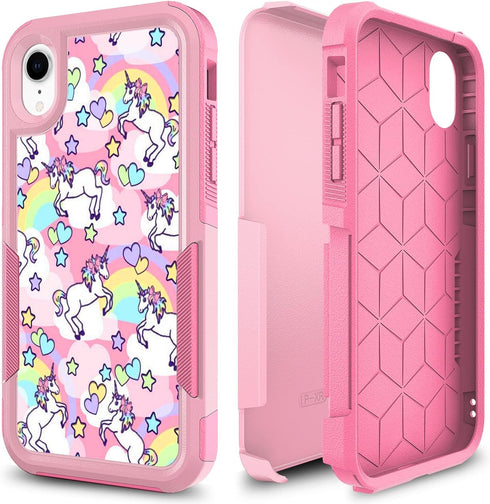 CaseTown Case for iphone XR, Rainbow Unicorn Design Dual Layer Heavy Duty Shockproof Defender Bumper Back Case Silicone Protective Armor Women Gir...