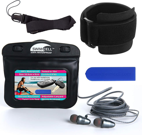 Waterproof MP3 Player Pouch For Swimming With Headphone Jack - Key Holder Case for Car Key Fob Money, MP3 Player. Adjustable Armband and Neck Lany...