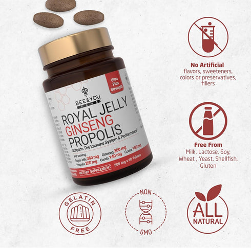 Bee and You Royal Jelly with Ginseng, Propolis Extract, 60ct, 100% Natural Superfood, Ultra Pure, Immune Support Supplement, Antioxidants, Keto, P...