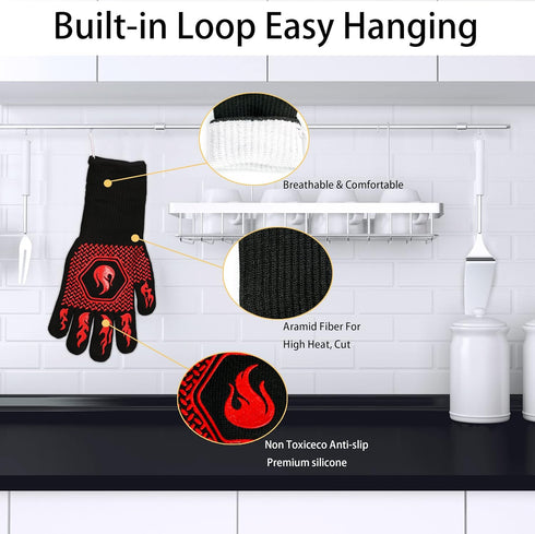 BBQ Fireproof Gloves, Grill Cut-Resistant Gloves 1472°F Heat Resistant Gloves, Non-Slip Silicone Oven Gloves, Kitchen Safe Cooking Gloves for Oven...
