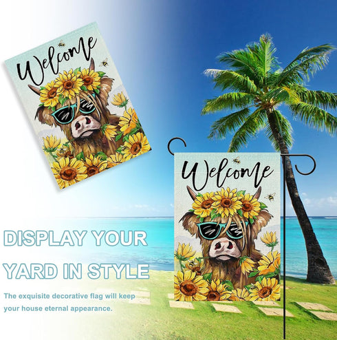 Welcome Spring Summer Highland Cow Decorative Garden Flag, Farm Animal Sunflower Floral Flower Yard Outside Decorations, Bee Farmhouse Rustic Outd...