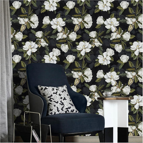 HAOKHOME 93169-1 Peel and Stick Gardenia Floral Wallpaper Removable Black/White/Green Vinyl Self Adhesive Mural 17.7in x 9.8ft...