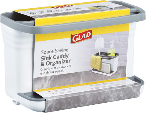 Glad Kitchen Sink Organizer Caddy with 2 Compartments | Sponge Holder for Soap, Scrubber Brush, and Dish Cloth | Drain Holes and Pour Spout Keeps ...