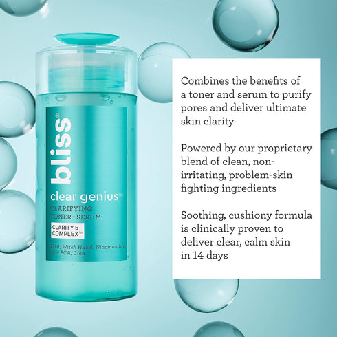 Bliss Clear Genius Clarifying Toner + Serum - 4.3 Fl Oz - Purifies Pores, Tones, Calms & Clears Skin - Salicylic Acid, Niacinamide & Witch Hazel -...