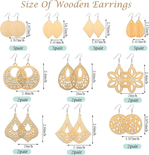 296 Pieces Unfinished Wooden Dangle Earring Set 48 Blank Wooden Pendants Teardrop Earrings with 48 Hooks 200 Jump Rings for DIY Jewelry 10 Styles ...