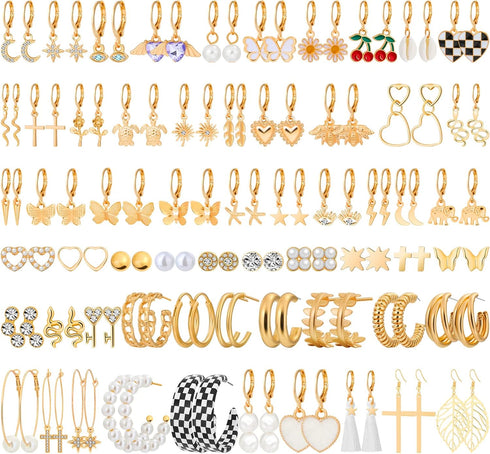 Thrilez 60 Pairs of Earrings for Women, Hypoallergenic Earring Set for Teen Girls Include Chunky Hoops, Huggie Earrings, Dangle Earrings, Pearl Ea...